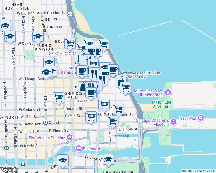 map of restaurants, bars, coffee shops, grocery stores, and more near 333 East Chicago Avenue in Chicago