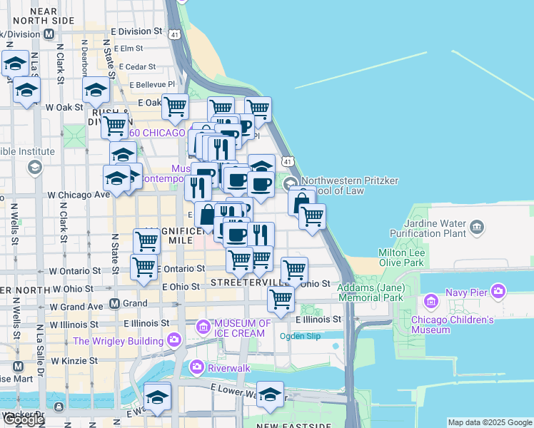 map of restaurants, bars, coffee shops, grocery stores, and more near 333 East Chicago Avenue in Chicago