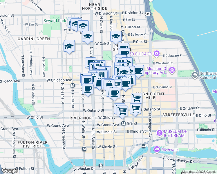map of restaurants, bars, coffee shops, grocery stores, and more near in Chicago