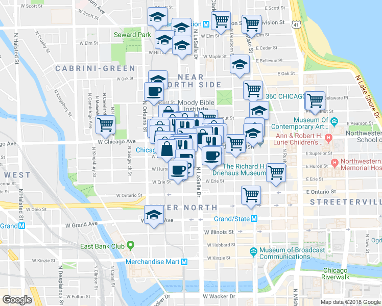 map of restaurants, bars, coffee shops, grocery stores, and more near in Chicago