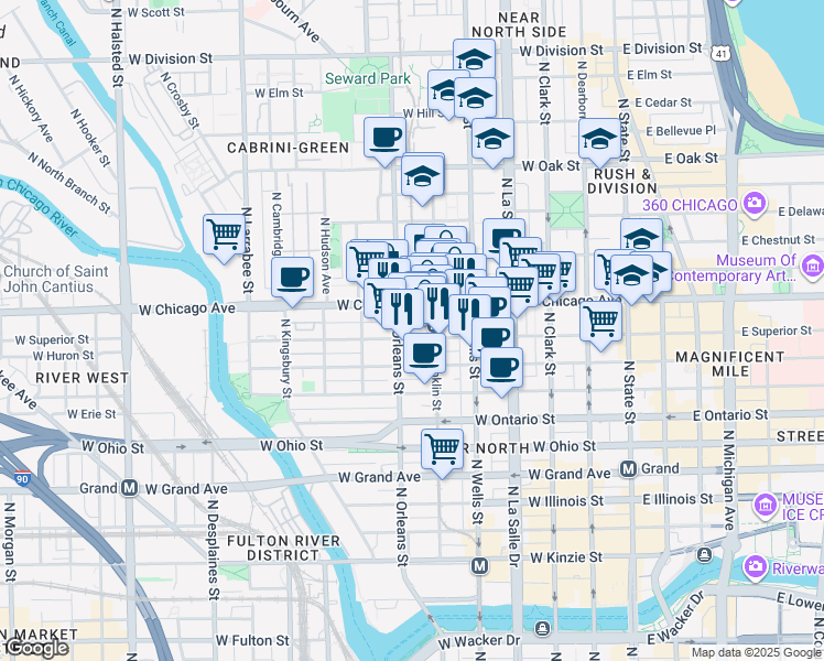 map of restaurants, bars, coffee shops, grocery stores, and more near 324 West Chicago Avenue in Chicago