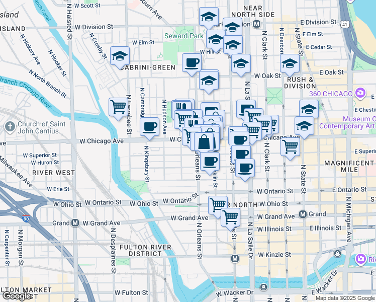 map of restaurants, bars, coffee shops, grocery stores, and more near 364 West Chicago Avenue in Chicago