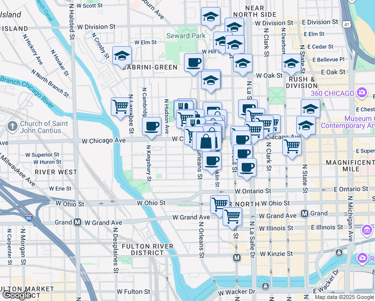 map of restaurants, bars, coffee shops, grocery stores, and more near 364 West Chicago Avenue in Chicago
