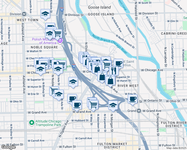map of restaurants, bars, coffee shops, grocery stores, and more near 805 North Milwaukee Avenue in Chicago