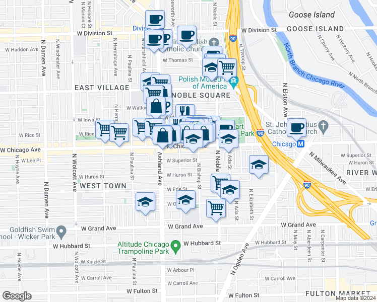 map of restaurants, bars, coffee shops, grocery stores, and more near 1452 West Chicago Avenue in Chicago