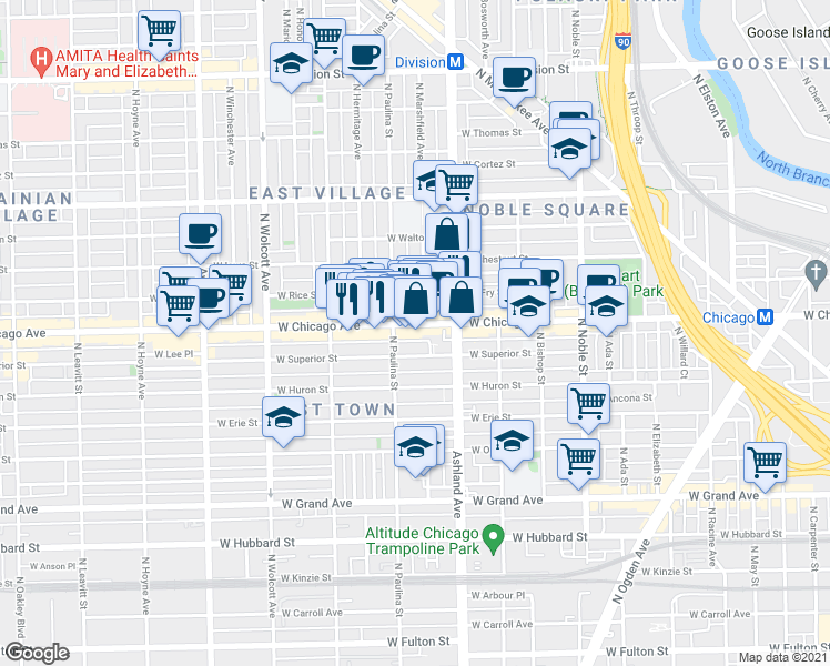 map of restaurants, bars, coffee shops, grocery stores, and more near in Chicago