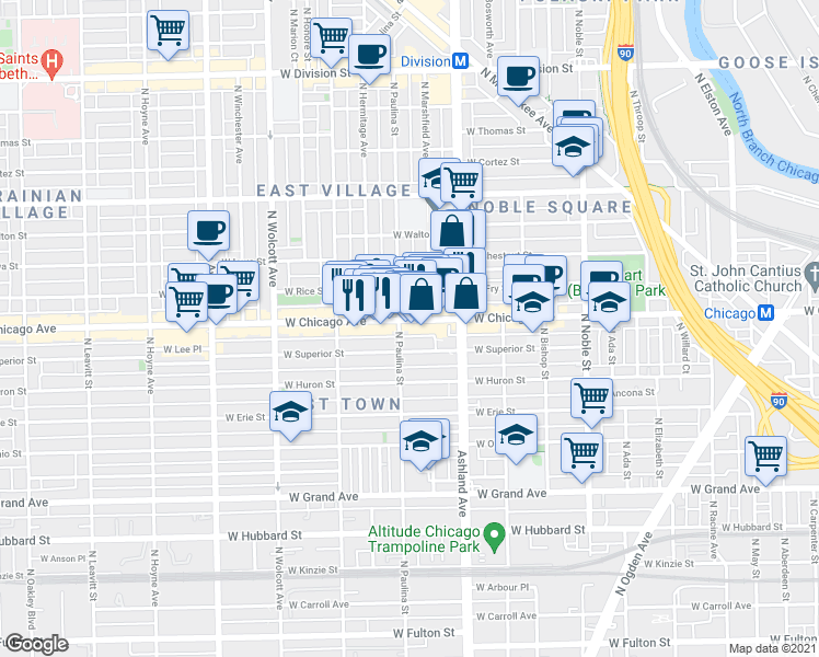 map of restaurants, bars, coffee shops, grocery stores, and more near in Chicago