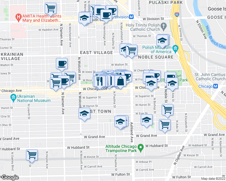 map of restaurants, bars, coffee shops, grocery stores, and more near 835 North Hermitage Avenue in Chicago