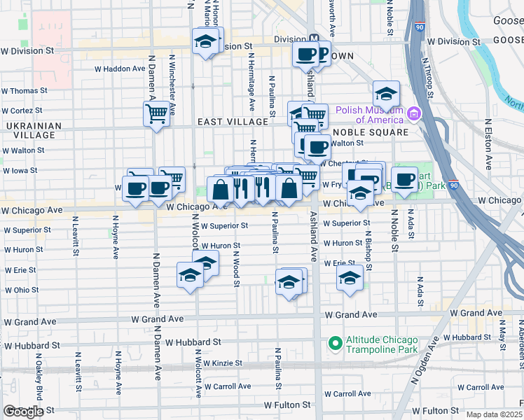 map of restaurants, bars, coffee shops, grocery stores, and more near 835 North Hermitage Avenue in Chicago