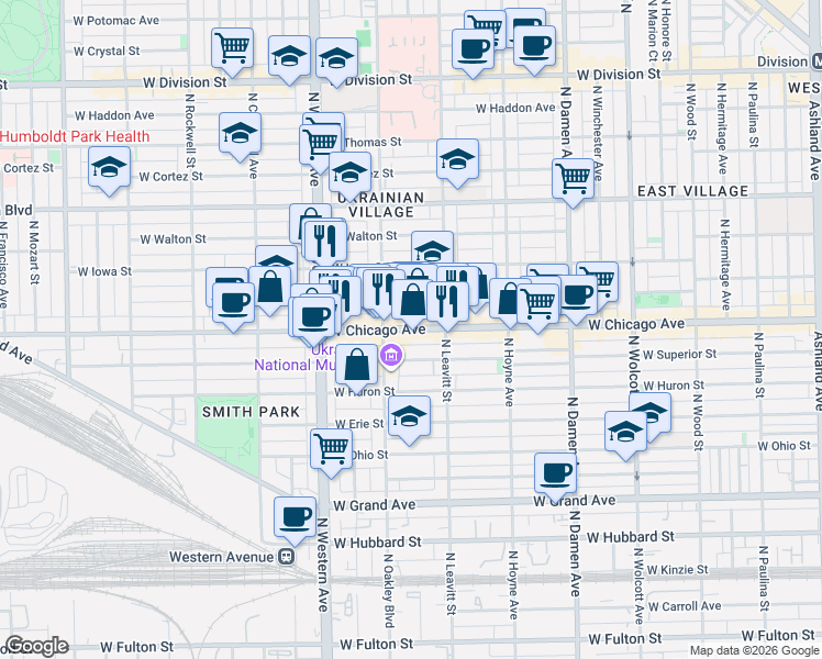 map of restaurants, bars, coffee shops, grocery stores, and more near 821 North Oakley Boulevard in Chicago