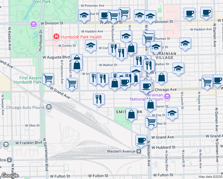map of restaurants, bars, coffee shops, grocery stores, and more near 825 North Rockwell Street in Chicago