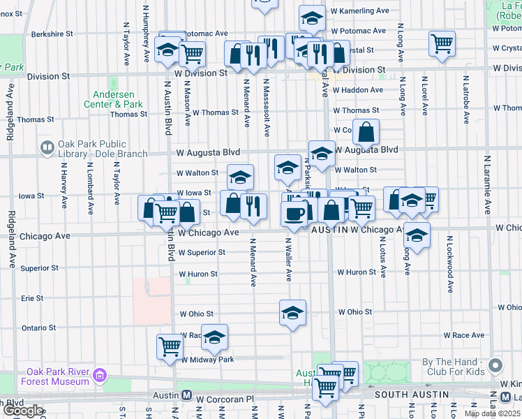 map of restaurants, bars, coffee shops, grocery stores, and more near 5739 West Iowa Street in Chicago