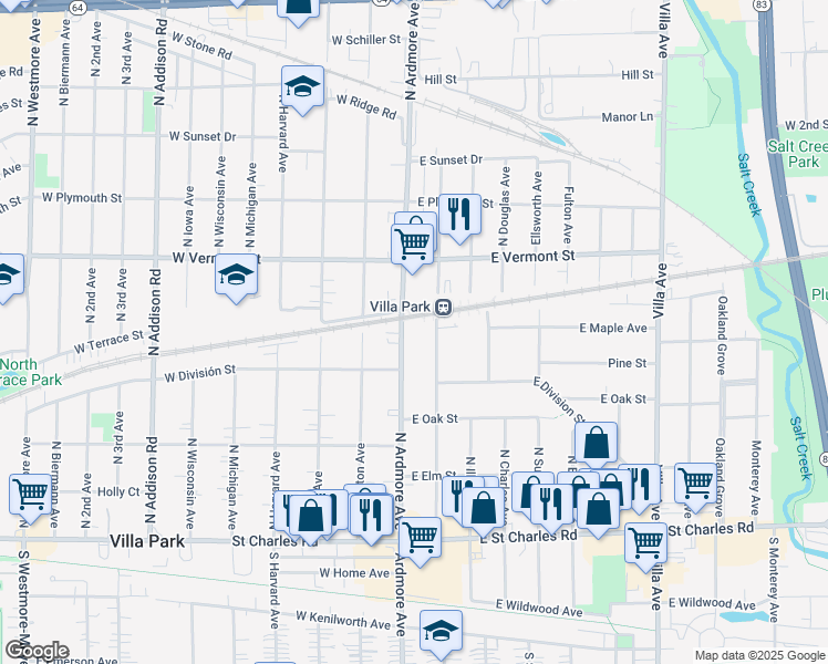 map of restaurants, bars, coffee shops, grocery stores, and more near in Villa Park