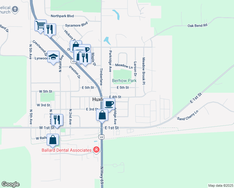 map of restaurants, bars, coffee shops, grocery stores, and more near 505 East 5th Street in Huxley