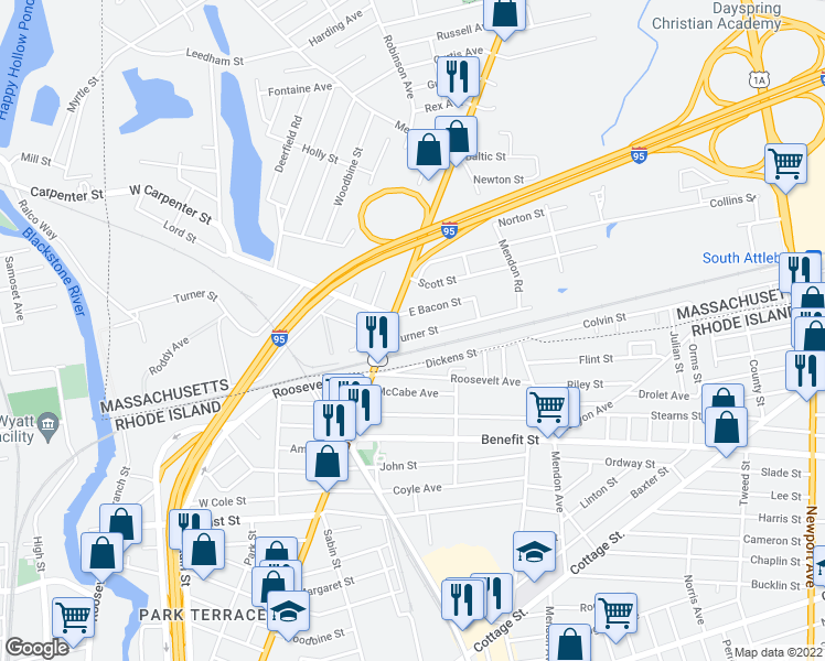 map of restaurants, bars, coffee shops, grocery stores, and more near 83 Turner Street in Attleboro