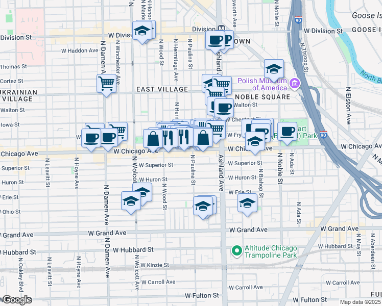 map of restaurants, bars, coffee shops, grocery stores, and more near 1701 West Chicago Avenue in Chicago