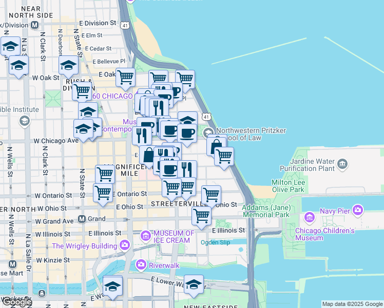 map of restaurants, bars, coffee shops, grocery stores, and more near 310 East Superior Street in Chicago