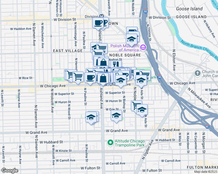 map of restaurants, bars, coffee shops, grocery stores, and more near 1522 West Chicago Avenue in Chicago