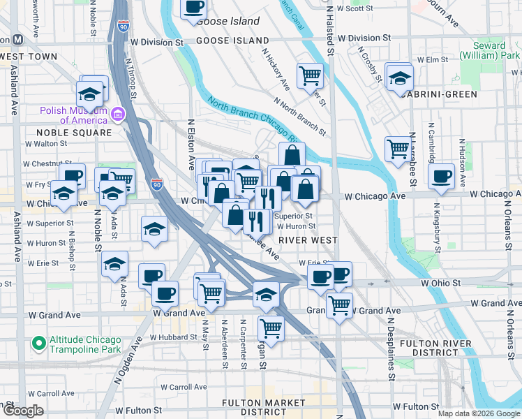 map of restaurants, bars, coffee shops, grocery stores, and more near 728 North Morgan Street in Chicago