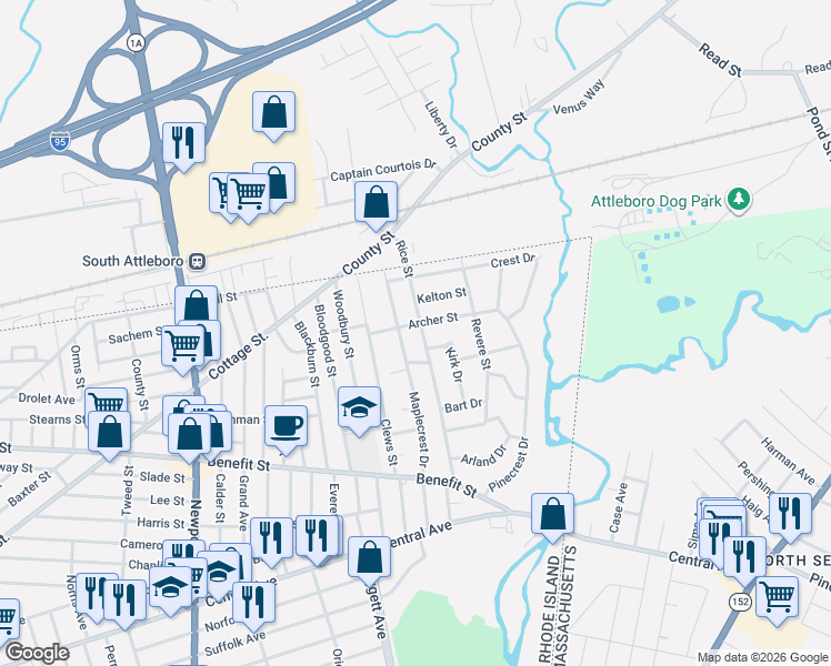 map of restaurants, bars, coffee shops, grocery stores, and more near 157 Maplecrest Drive in Pawtucket