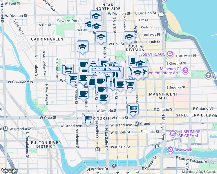map of restaurants, bars, coffee shops, grocery stores, and more near in Chicago