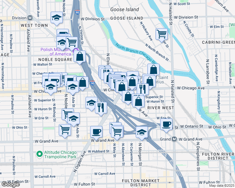 map of restaurants, bars, coffee shops, grocery stores, and more near 805 North Milwaukee Avenue in Chicago