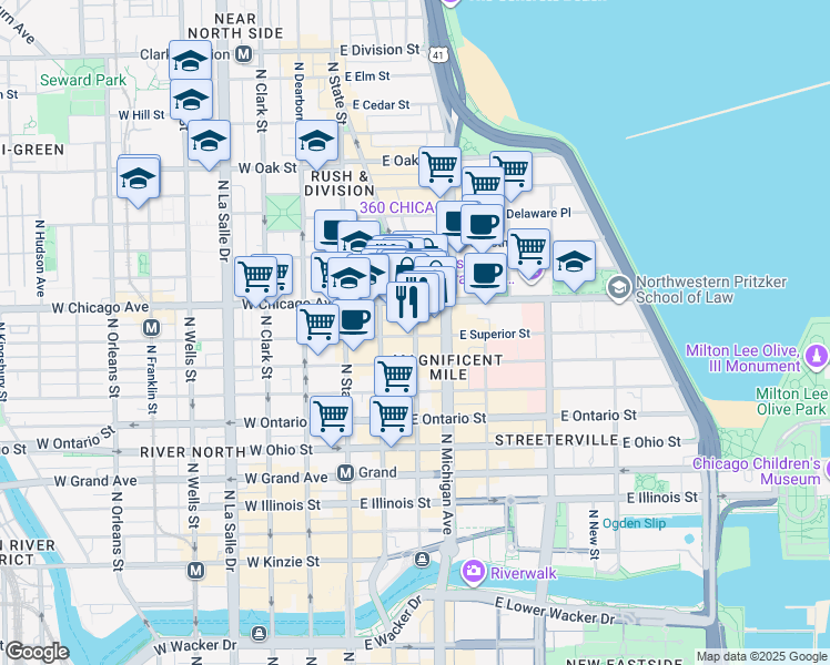 map of restaurants, bars, coffee shops, grocery stores, and more near North Rush Street in Chicago