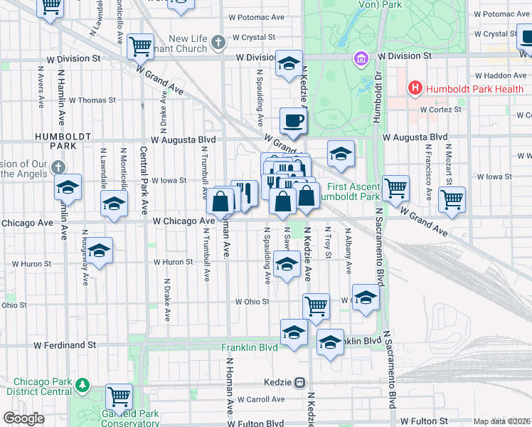 map of restaurants, bars, coffee shops, grocery stores, and more near 817 North Christiana Avenue in Chicago