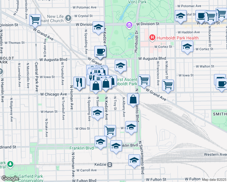 map of restaurants, bars, coffee shops, grocery stores, and more near 3101 West Grand Avenue in Chicago