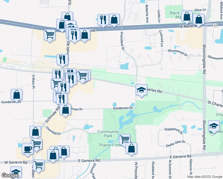 map of restaurants, bars, coffee shops, grocery stores, and more near 607 Gundersen Drive in Carol Stream