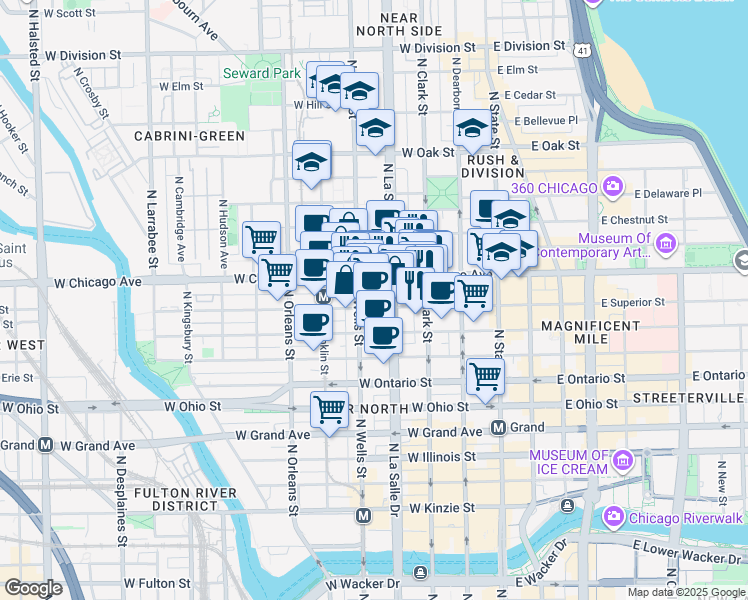 map of restaurants, bars, coffee shops, grocery stores, and more near in Chicago