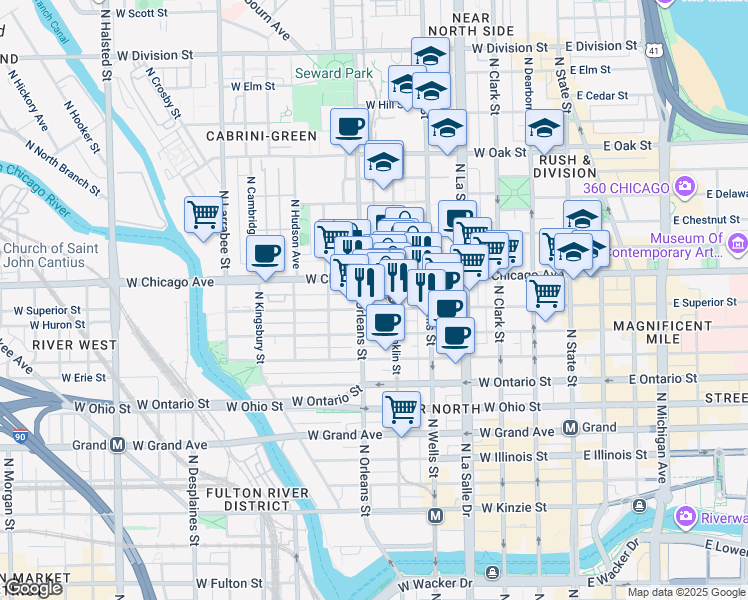 map of restaurants, bars, coffee shops, grocery stores, and more near 314 West Superior Street in Chicago