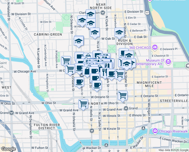 map of restaurants, bars, coffee shops, grocery stores, and more near 156 West Superior Street in Chicago