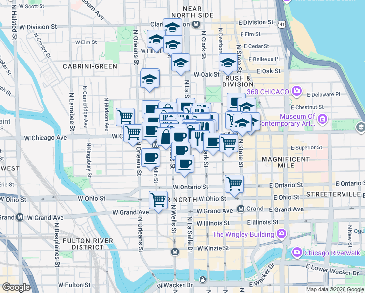 map of restaurants, bars, coffee shops, grocery stores, and more near in Chicago