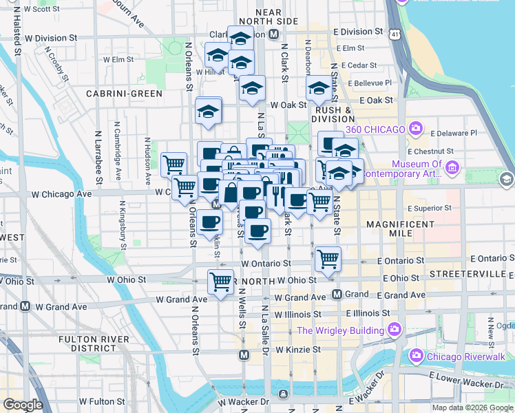 map of restaurants, bars, coffee shops, grocery stores, and more near 730 North LaSalle Street in Chicago