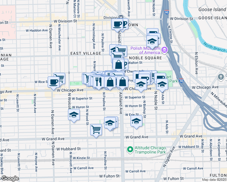 map of restaurants, bars, coffee shops, grocery stores, and more near 1625 West Chicago Avenue in Chicago