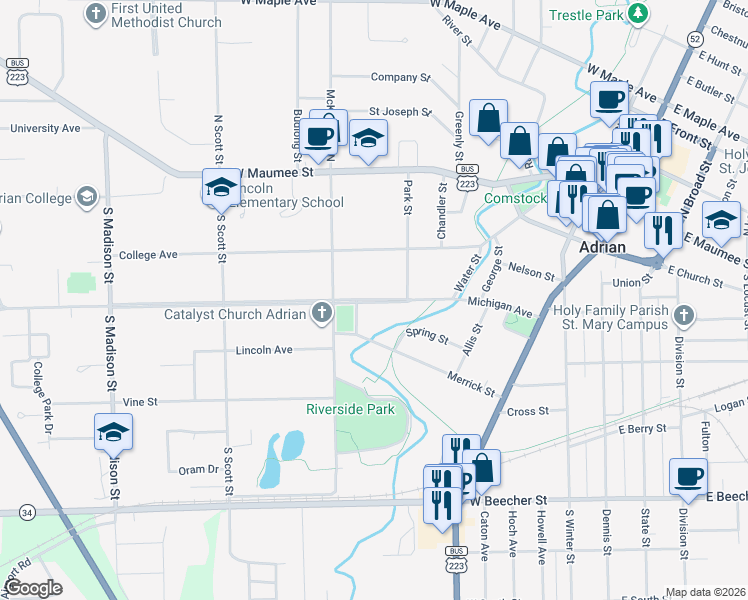 map of restaurants, bars, coffee shops, grocery stores, and more near 728 Michigan Avenue in Adrian