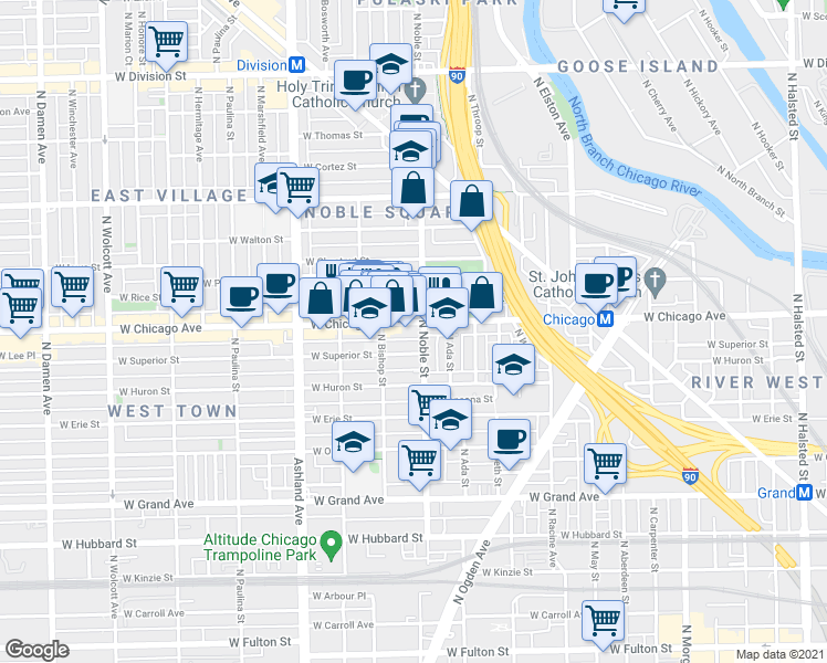 map of restaurants, bars, coffee shops, grocery stores, and more near 810 North Noble Street in Chicago