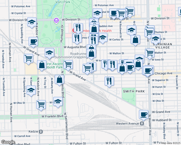 map of restaurants, bars, coffee shops, grocery stores, and more near 2808 West Chicago Avenue in Chicago