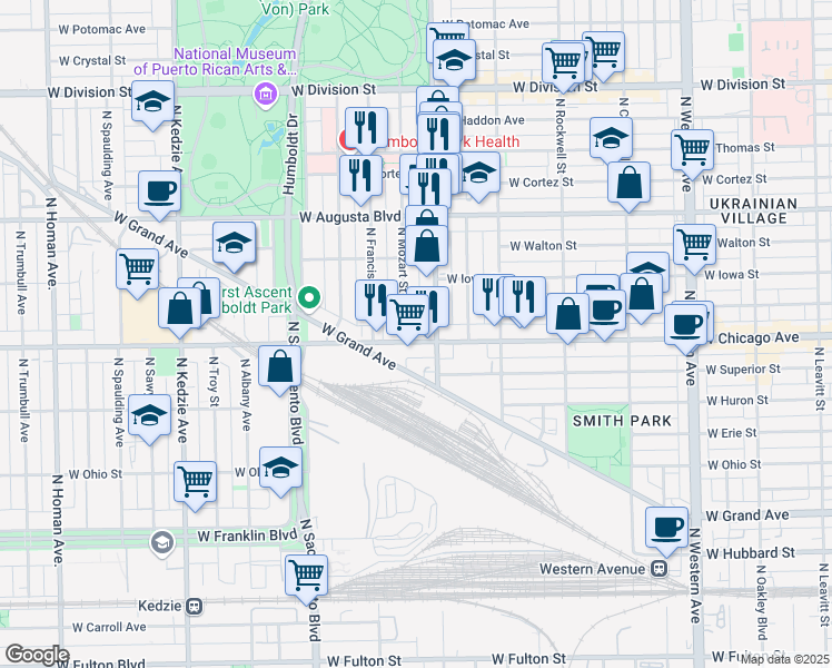 map of restaurants, bars, coffee shops, grocery stores, and more near 827 North Mozart Street in Chicago
