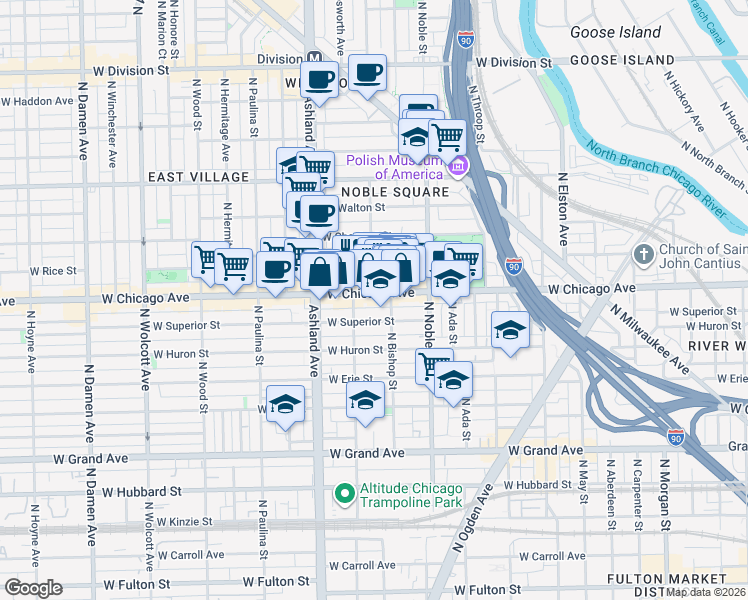 map of restaurants, bars, coffee shops, grocery stores, and more near 1461 West Chicago Avenue in Chicago