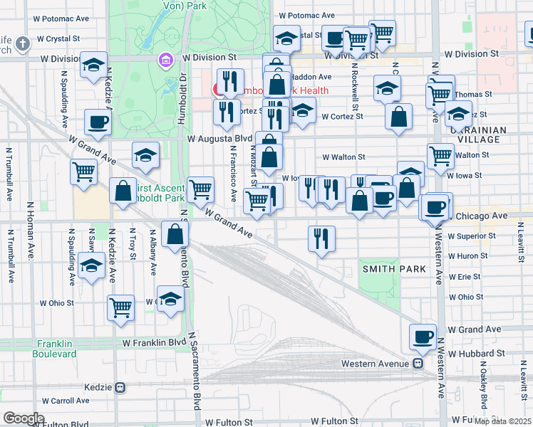 map of restaurants, bars, coffee shops, grocery stores, and more near 2808 West Chicago Avenue in Chicago