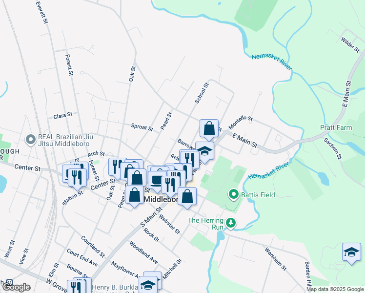 map of restaurants, bars, coffee shops, grocery stores, and more near 55 School Street in Middleborough