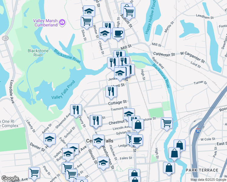 map of restaurants, bars, coffee shops, grocery stores, and more near 189 Hunt Street in Central Falls