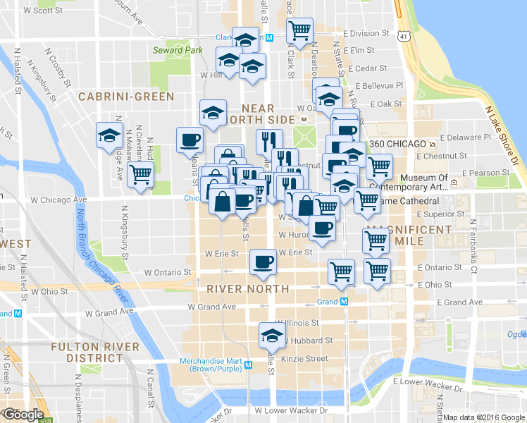map of restaurants, bars, coffee shops, grocery stores, and more near in Chicago