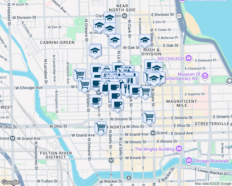 map of restaurants, bars, coffee shops, grocery stores, and more near in Chicago