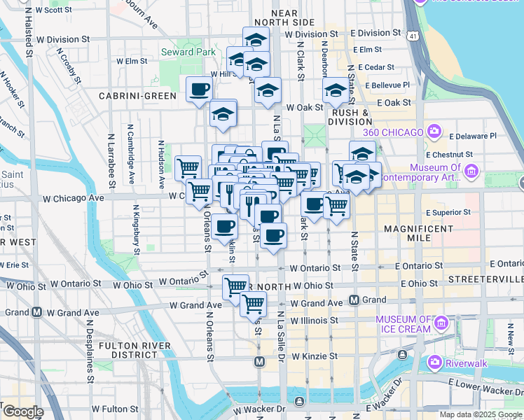 map of restaurants, bars, coffee shops, grocery stores, and more near 201 West Chicago Avenue in Chicago