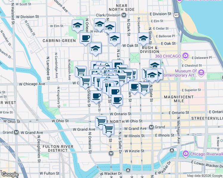 map of restaurants, bars, coffee shops, grocery stores, and more near 201 West Chicago Avenue in Chicago