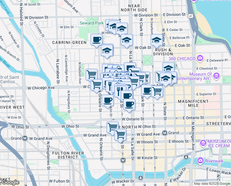 map of restaurants, bars, coffee shops, grocery stores, and more near 201 West Chicago Avenue in Chicago
