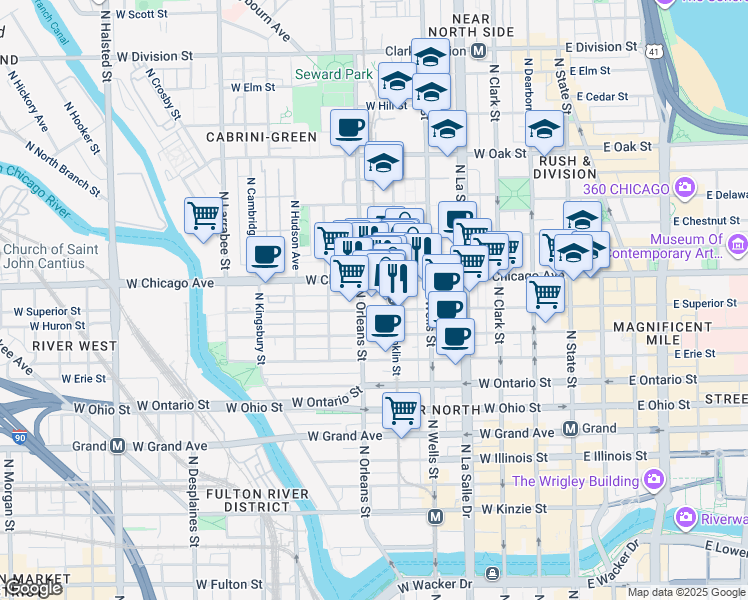 map of restaurants, bars, coffee shops, grocery stores, and more near 324 West Chicago Avenue in Chicago